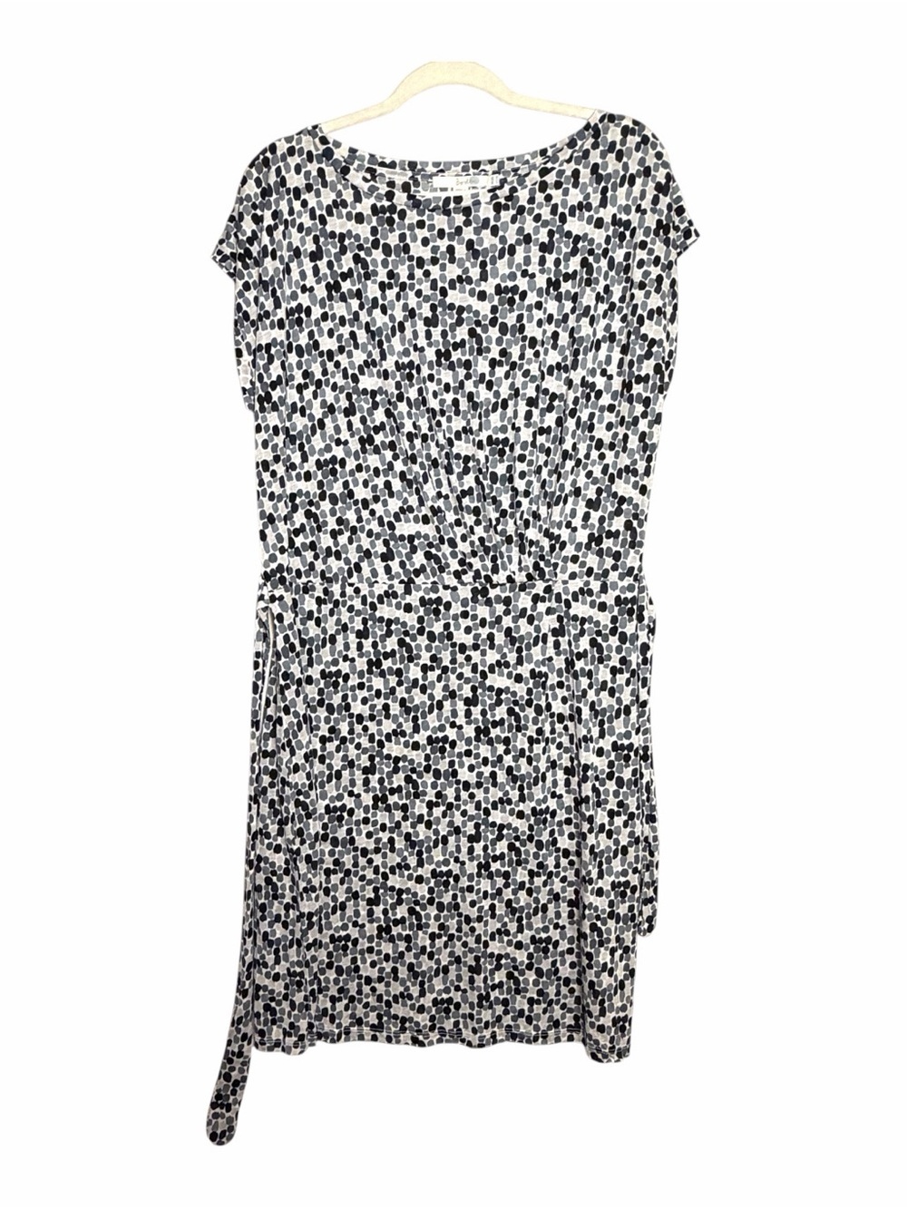 Boden Dress Jersey Knit Cap Sleeve Belted Ruched Waist Gray Polka Dots Size 12R